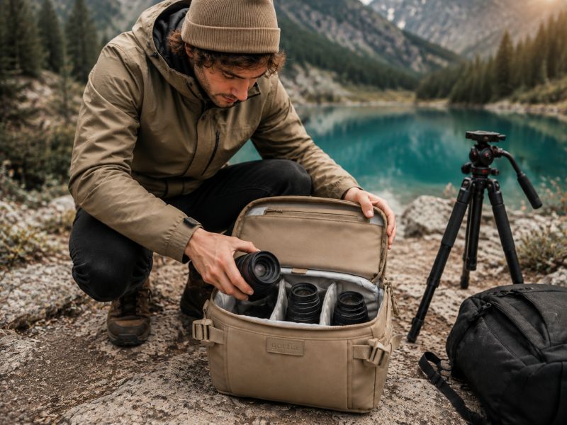 A-photographer-looing-for-a-lens-in-the-bag