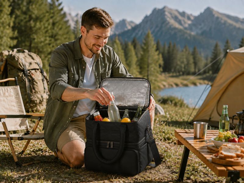 Black-quilted-insulated-cooler-bag-man-mountain-camping-scene