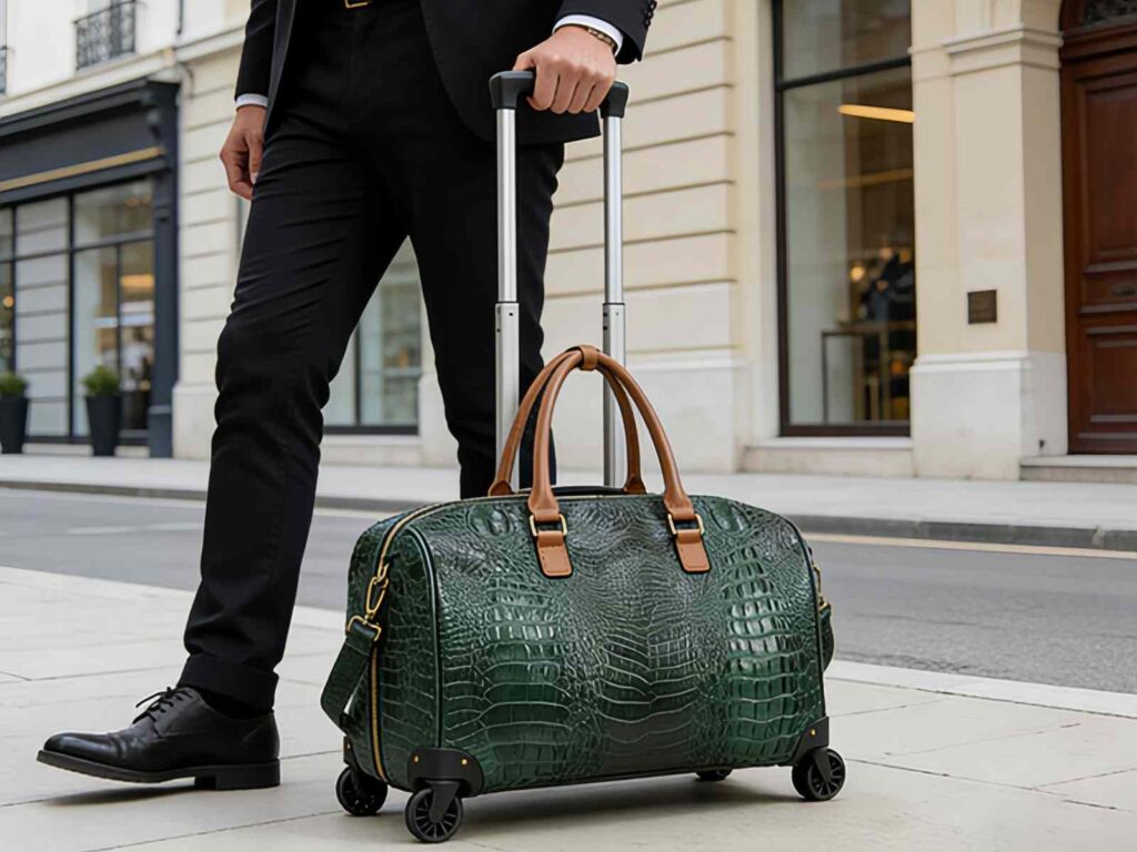 Green Croc-Embossed Rolling Bag