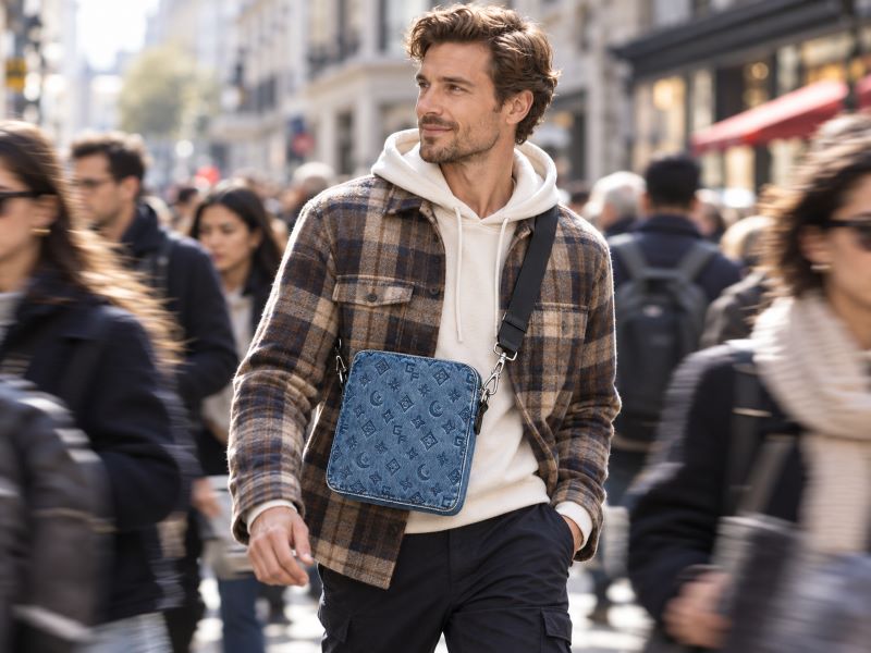 Handsome-man-in-plaid-overshirt,-blue-monogram-denim-crossbody-bag,-city-street-style