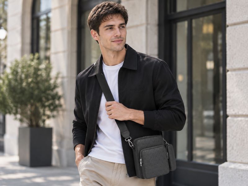 Man-with-black-modular-monogram-crossbody-bag,-urban-building-background