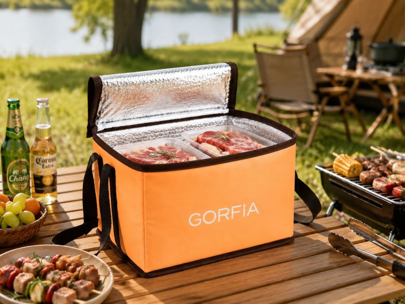 Orange-insulated-cooler-bag-outdoor-camping-barbecue-scene