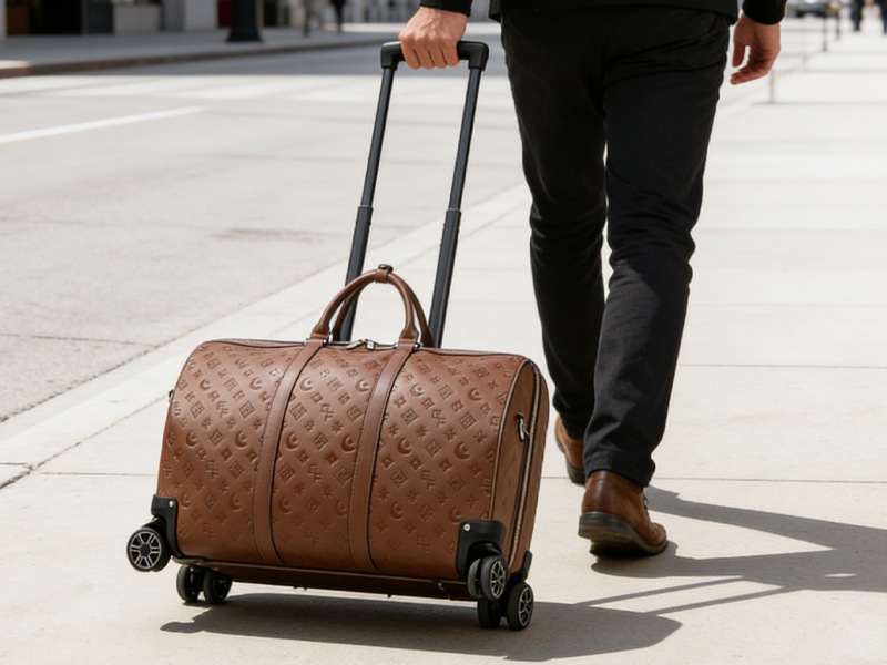 Patterned Leather Rolling Duffel Bag