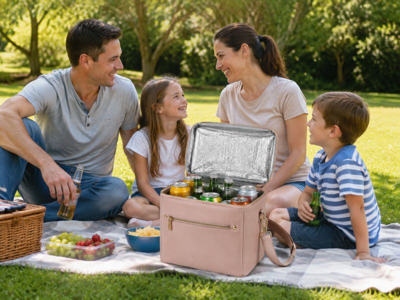 Pink-insulated-cooler-bag-family-outdoor-picnic-scene-with-beer-cans-and-fruits