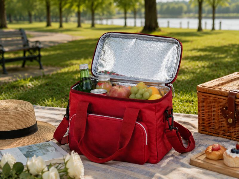 Red-portable-insulated-cooler-bag-lakeside-park-picnic-still-life-with-fruits-and-beverages