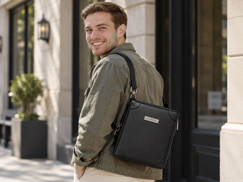Smiling-man-with-black-square-messenger-bag,-urban-outdoor-shot