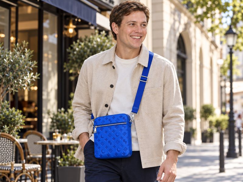 Smiling-man-with-bright-blue-monogram-crossbody-bag,-european-street