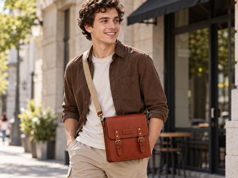 Smiling-man-with-brown-leather-messenger-bag,-city-sidewalk