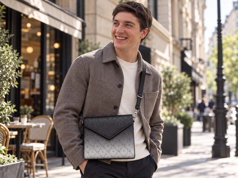 Smiling-man-with-gradient-monogram-envelope-crossbody-bag,-paris-street-scene