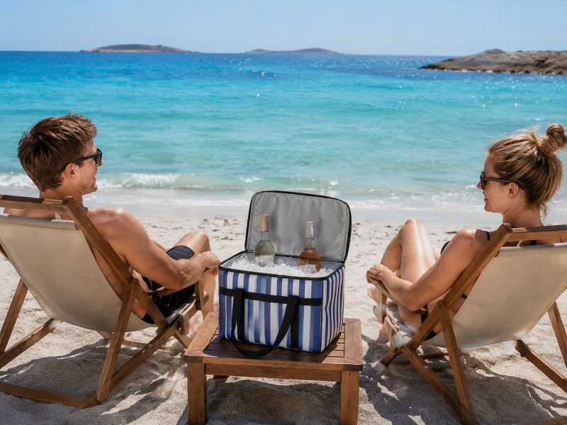 Striped-portable-insulated-cooler-bag-seaside-vacation-scene-with-wine-ice