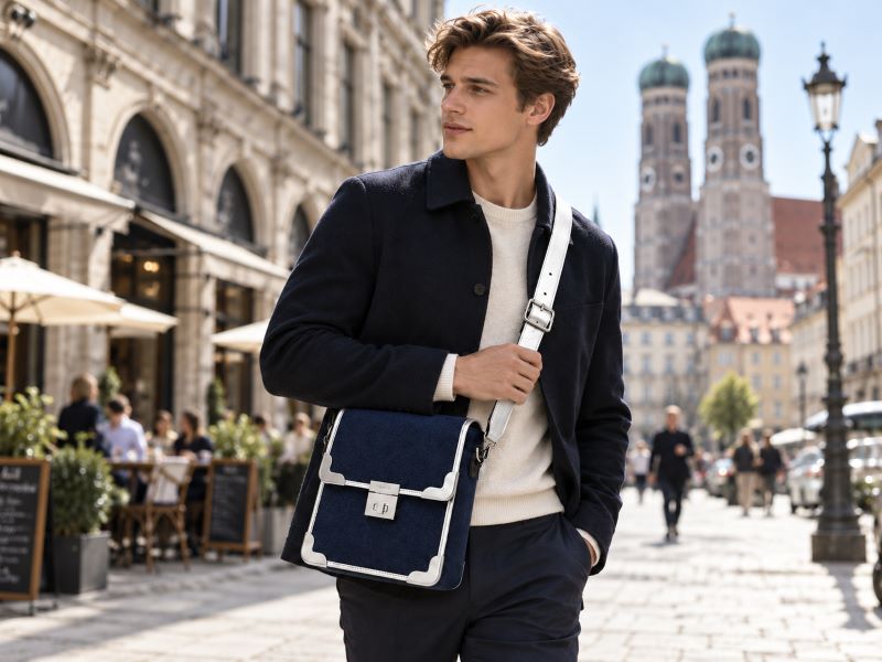 Stylish-man-with-navy-trimmed-crossbody-bag,-european-city-street