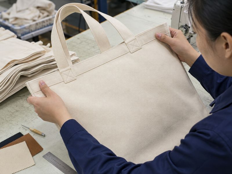 Worker-inspecting-blank-canvas-tote-bag-in-manufacturing-factory