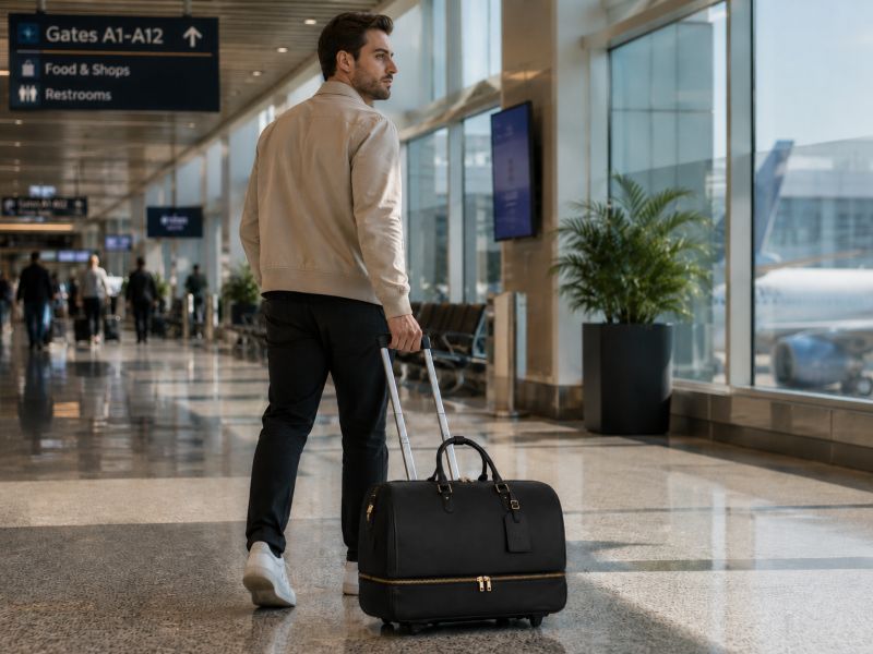 a-man-carrying-a-black-soft-luggage-walking-in-the-airport