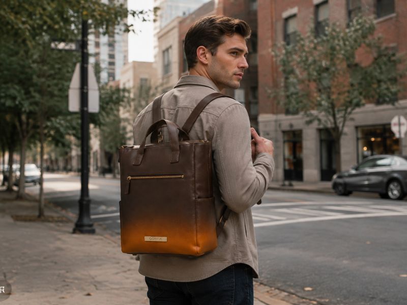 a-man-carrying-a-brown-and-orange-gradient-tote-backpack