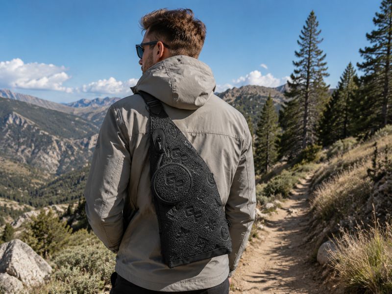 a-man-carrying-a-chest-bag-goes-hiking