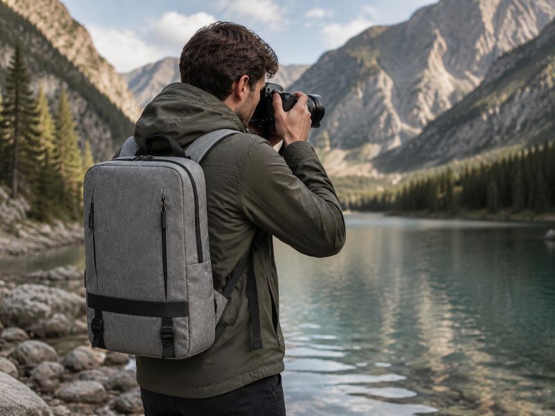 a-man-carrying-a-grey-backpack-camera-bag