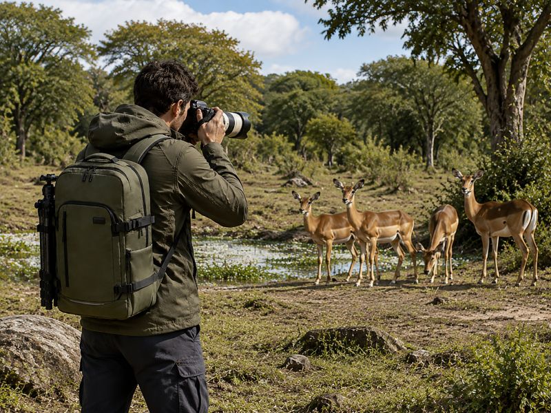 a-man-carrying-green-camera-backpack-shooting-the-deers