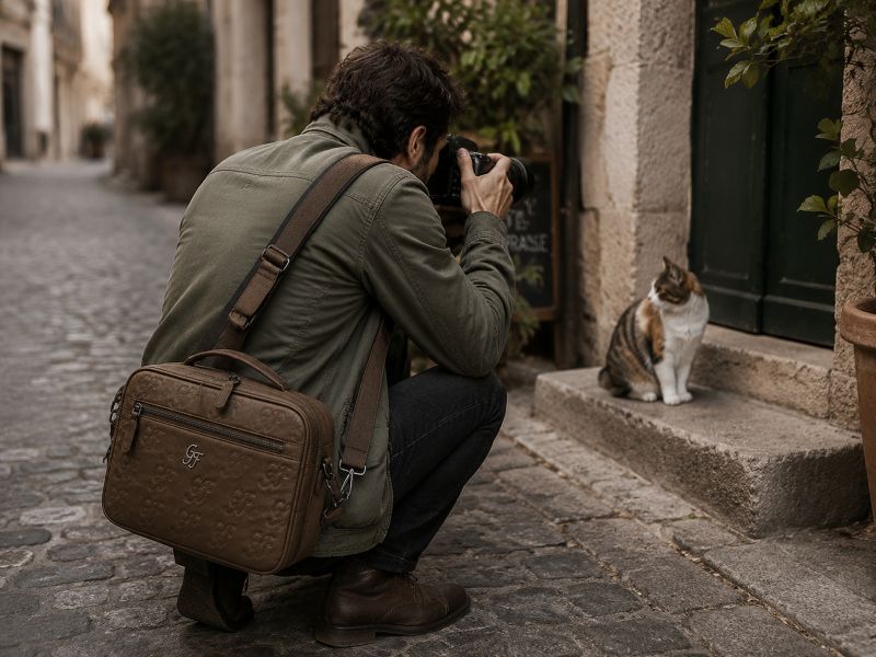a-man-carrying-leather-camera-bag-shooting-a-cat