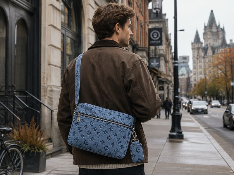 a-men-carrying-a-blue-denim-messenger-bag-with-a-small-erabuds-case