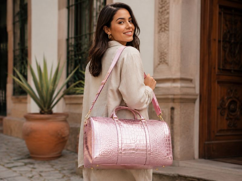 a-pink-crocodile-duffle-bag-carried-by-a-woman