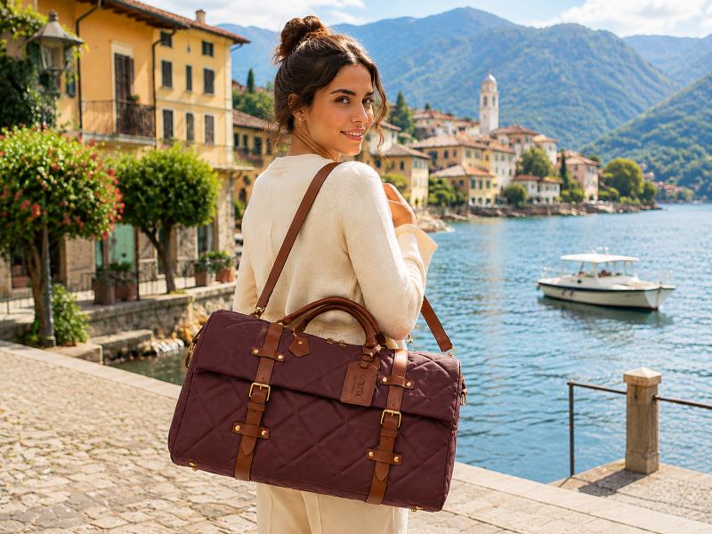 a-woman-carrying-a-red-quilted-duffle-bag