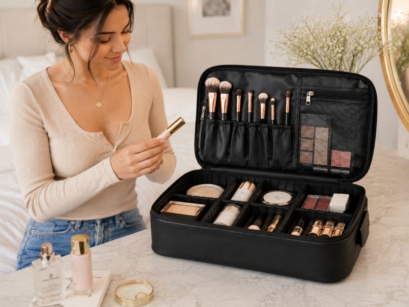 a-woman-using-black-makeup-bag