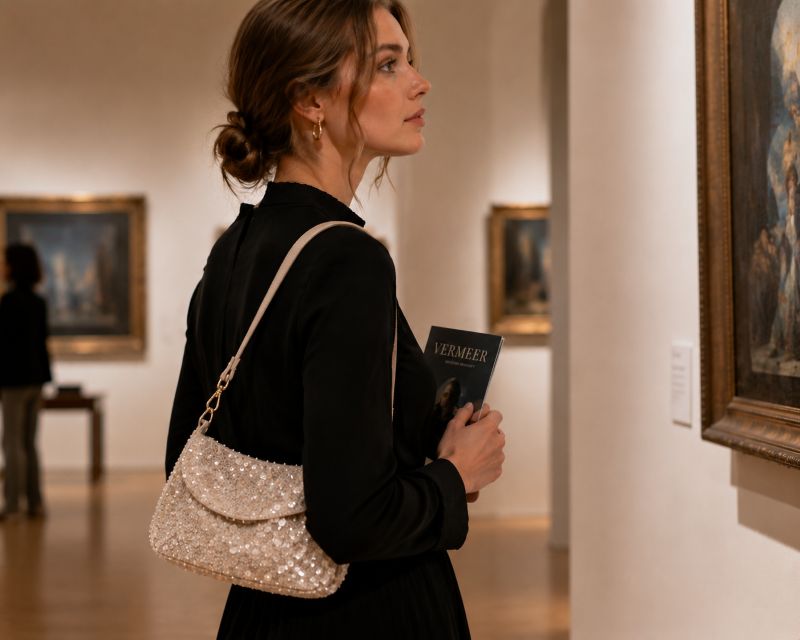 a-woman-with-sequin-bag-at-the-museum