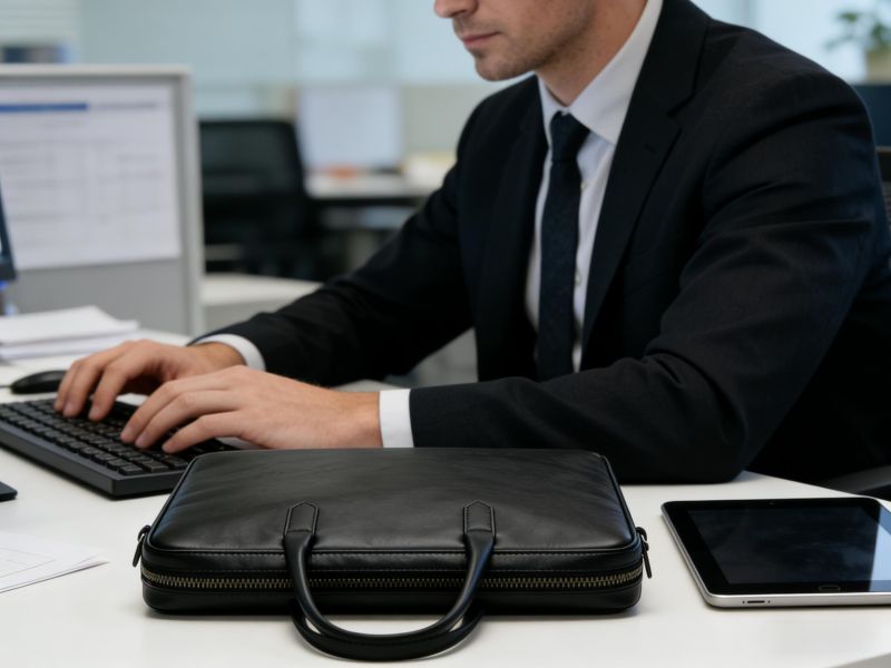 businessman-typing-on-keyboard-with-sleek-black-leather-laptop-bag-and-tablet-on-office-desk