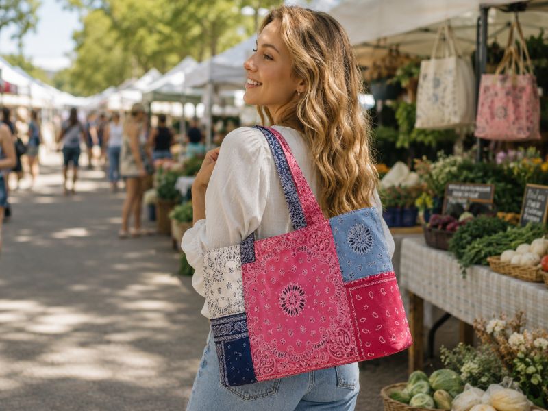 bandana-patchwork-tote-bag-with-mutiple-color-carried-by-a-woman-in-the-farmer-market