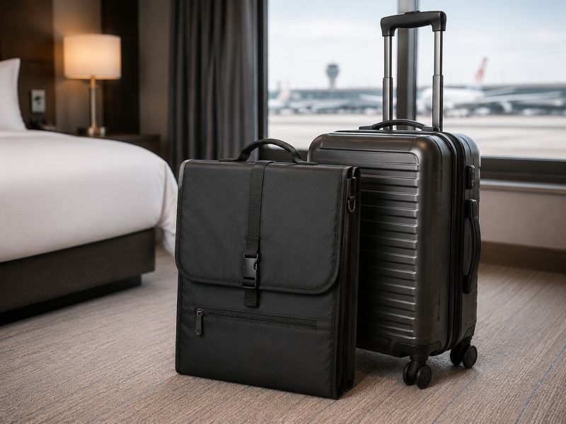 bi-fold-garment-bag-next-to-carry-on-suitcase-airport-hotel
