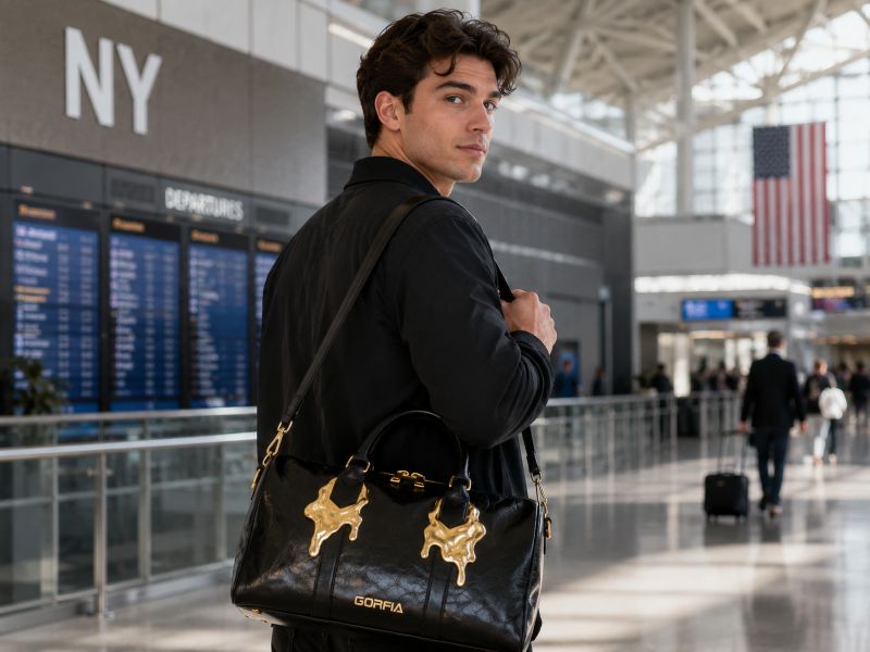 black-crackle-leather-duffle-bag-with-molten-gold-hardware