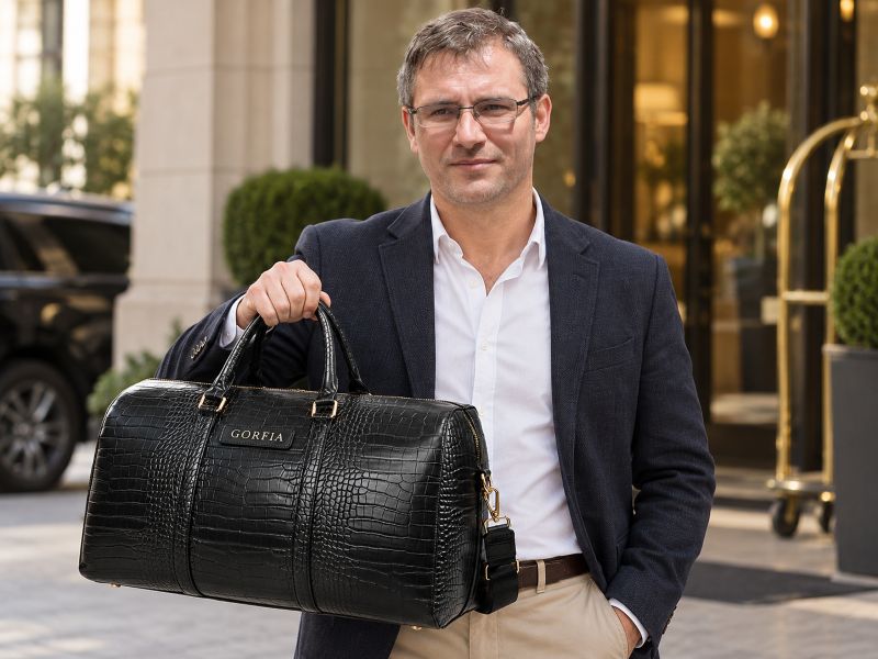 black-croc-embossed-leather-weekender-bag-outside-hotel