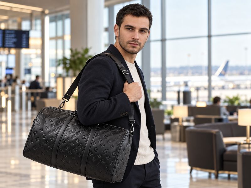 black-monogram-embossed-duffel-bag-with-adjustable-shoulder-strap-man-at-airport-lounge