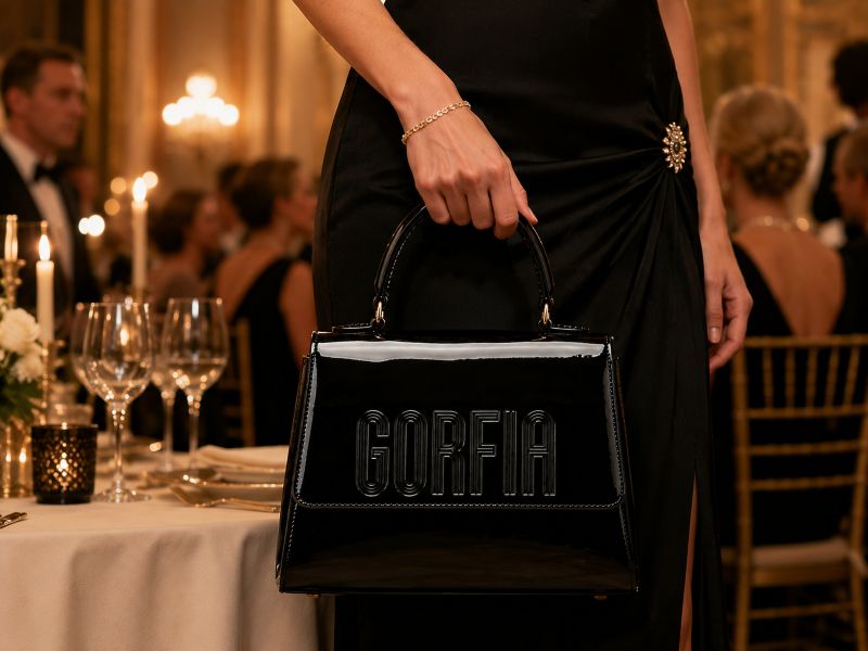 black-patent-top-handle-bag-with-embossed-gorfia-logo