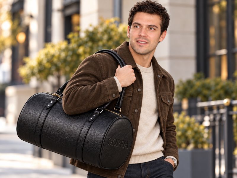 black-textured-leather-barrel-duffel-bag-on-shoulder