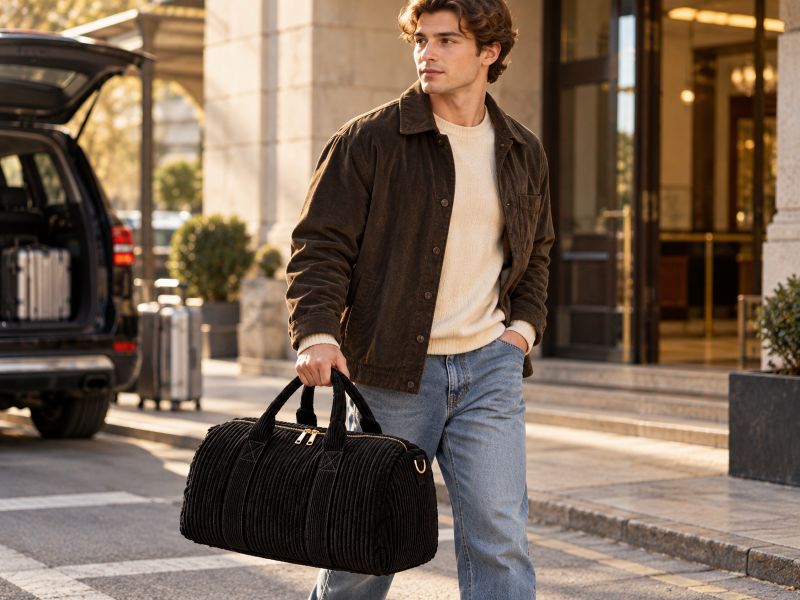 black‑corduroy‑duffle‑weekender‑bag‑male‑model‑city‑street‑travel‑outfit