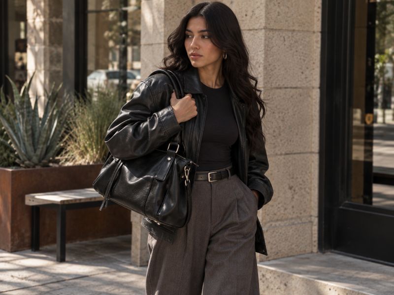 black‑soft‑leather‑city-bag-carried-by-a-woman