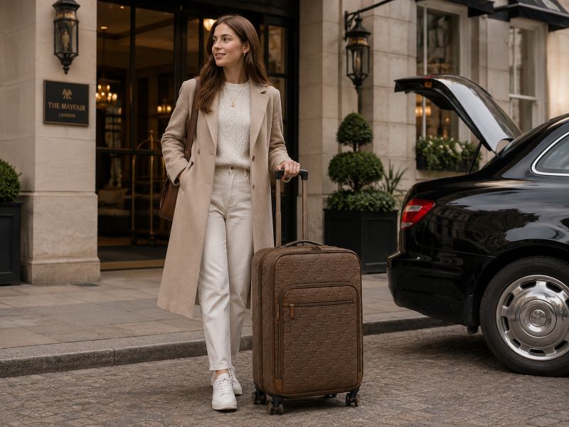 brown-embossed-vintage-luggage-woman-outside-london-hotel