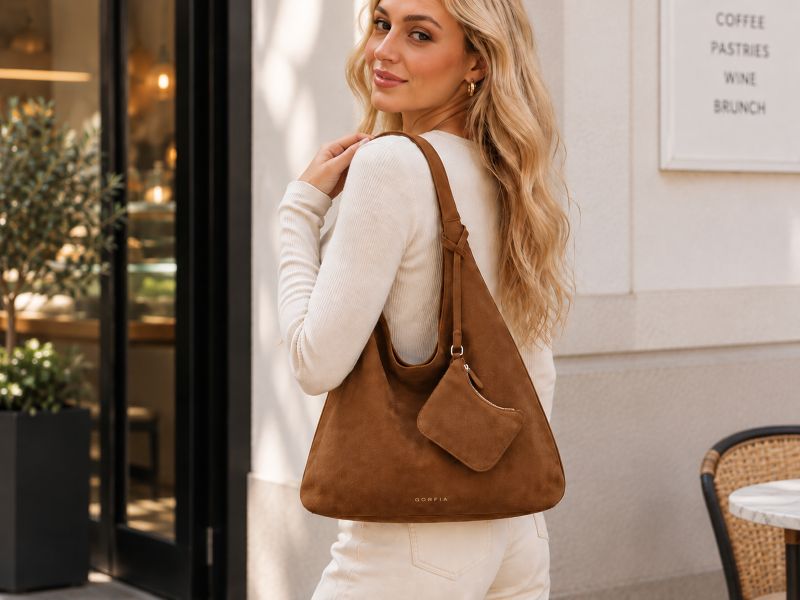 brown-suede-slouchy-hobo-bag-gorfia-model-outdoor-cafe