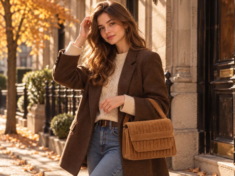 brown‑corduroy‑flap‑shoulder‑bag‑woman‑model‑blazer‑autumn‑city‑street‑outfit