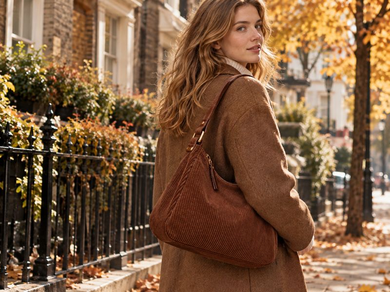 brown‑corduroy‑hobo‑shoulder‑bag‑woman‑walking‑autumn‑london‑riverside‑vintage‑fall‑handbag