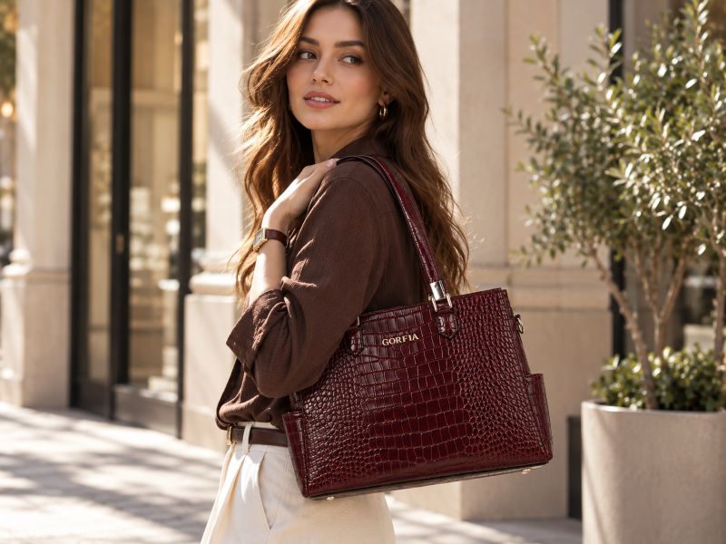 burgundy-croc-texture-tote-bag-gorfia-model-outdoor-street