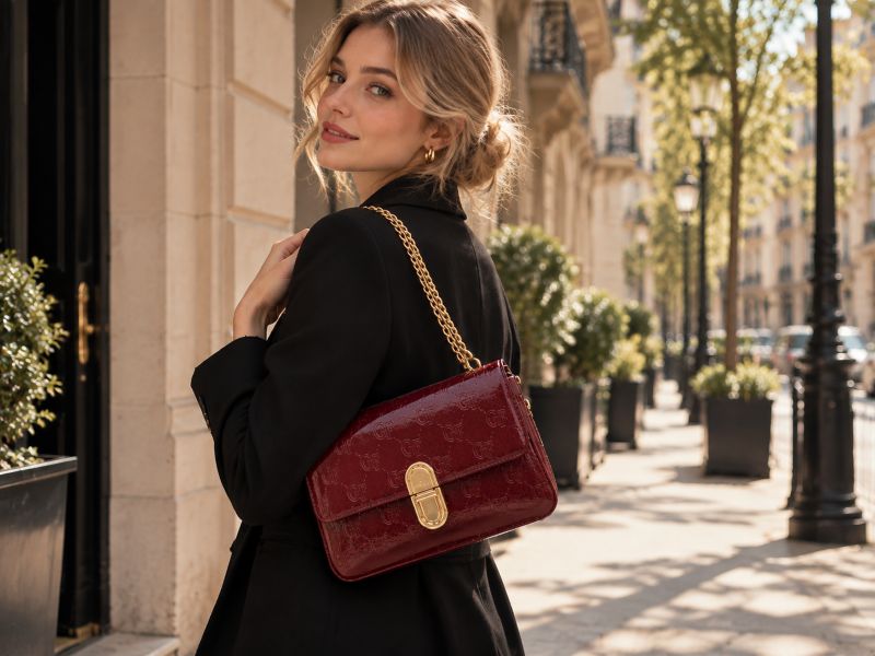 burgundy‑patent‑monogram‑chain‑shoulder‑bag‑model