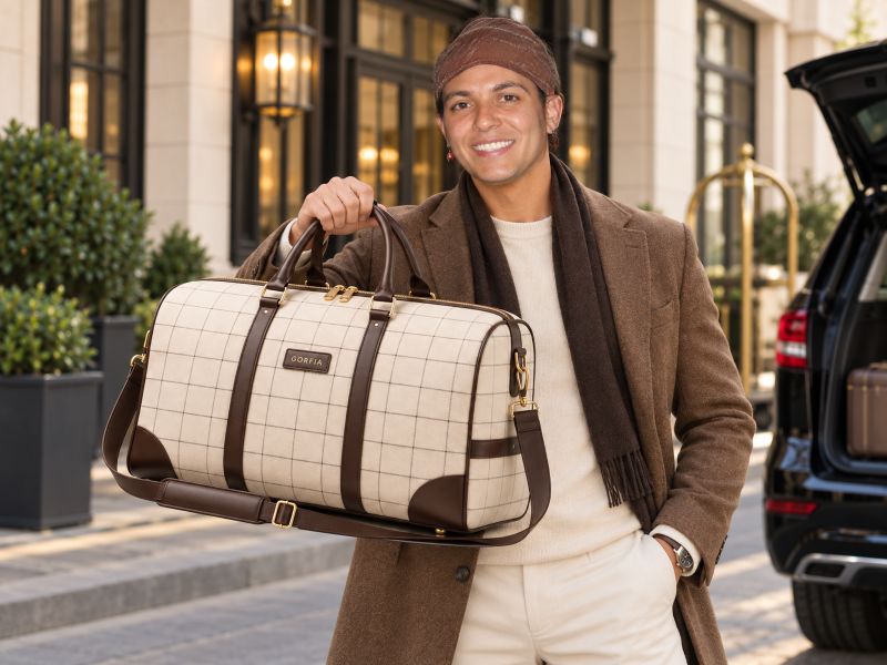 checkered-duffel-bag-held-by-man-outside-hotel