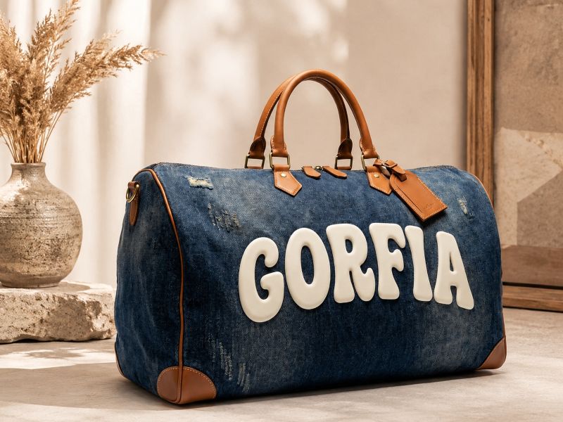 dark-indigo-denim-duffle-travel-bag-with-brown-leather-trim-handles-and-chenille-gorfia-letter-logo-displayed-in-warm-beige-studio-setting