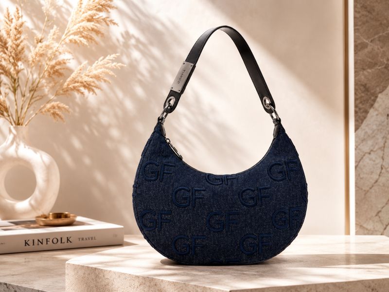 dark-indigo-embossed-monogram-denim-hobo-underarm-bag-with-adjustable-leather-shoulder-strap-placed-on-beige-studio-counter-with-dried-pampas-grass-decoration