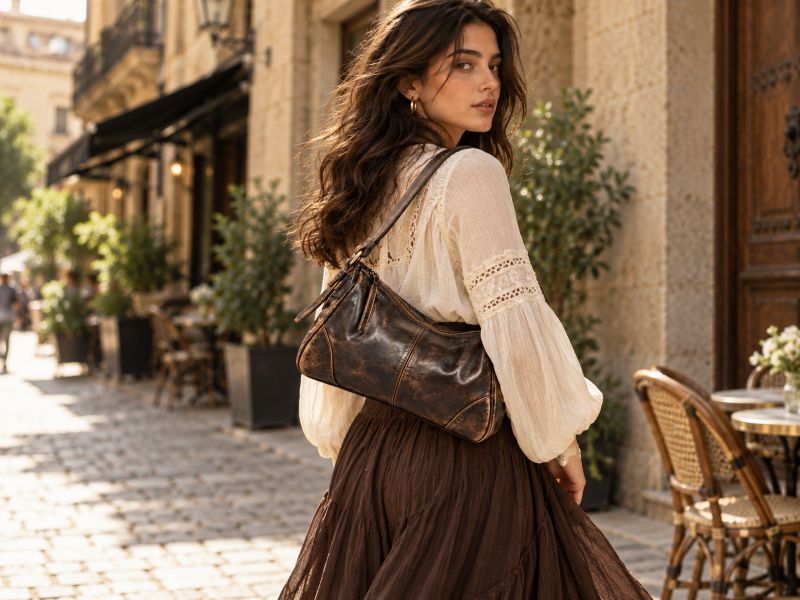 dark‑brown‑distressed‑leather‑hobo‑shoulder‑bag-carried-by-a-woman