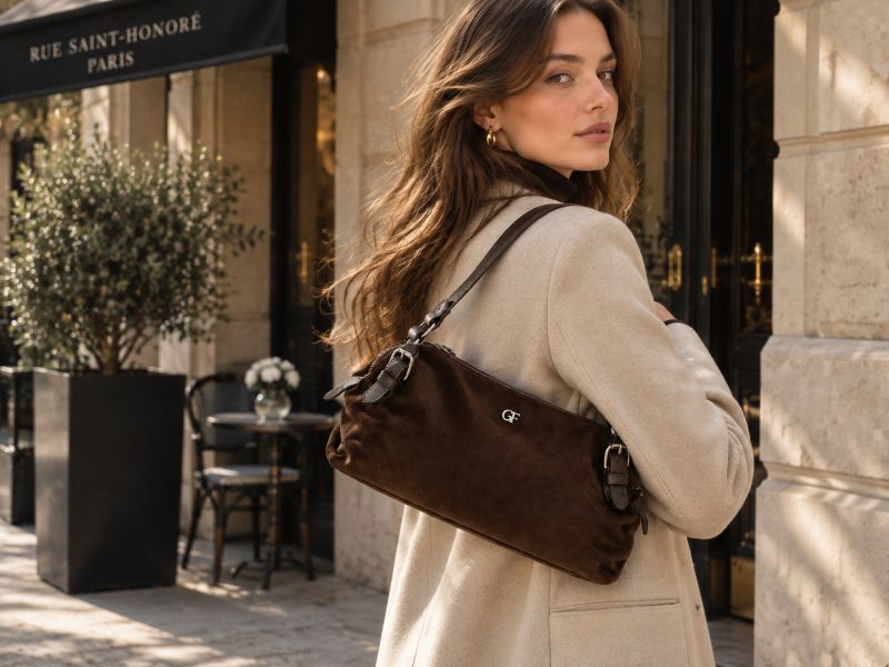 dark‑brown‑suede‑baguette‑shoulder‑bag‑silver‑metal‑buckle‑hardware