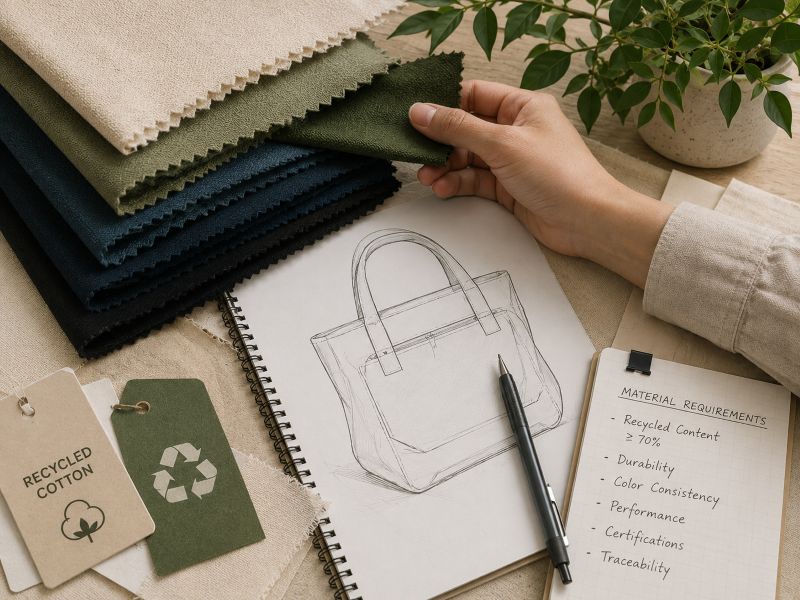 eco-friendly-bag-design-workspace-with-hand-touching-green-fabric-samples-recycled-tags-sketchbook-and-plant