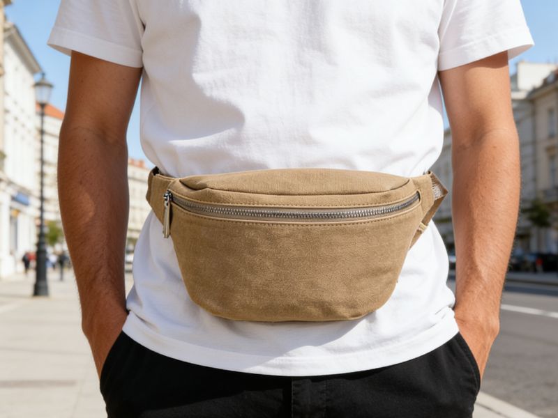 man-wearing-tan-canvas-fanny-pack-at-waist-with-white-t-shirt-on-urban-street